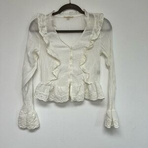 REBELLION white flowy lace Eyelet Ruffle Peasant Shirt Boho Cream blouse S small